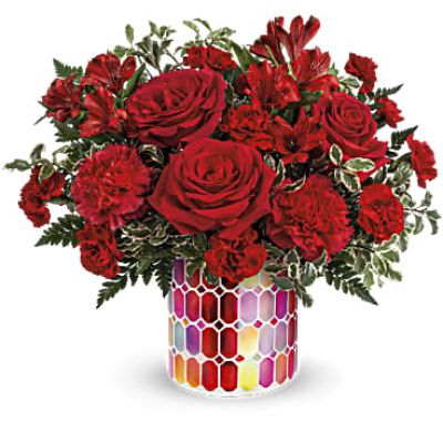 Make Valentine's Day truly magnificent with this romantic red rose bouquet, presented in a keepsake stained glass mosaic vase.