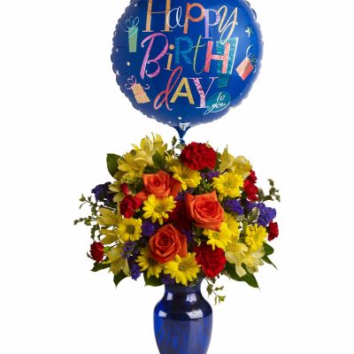 <hr />



<hr />

 

<hr />

Make birthday spirits soar by sending this fabulously fun birthday bouquet and balloon. Bright primary colors make it perfect for both guys and gals.