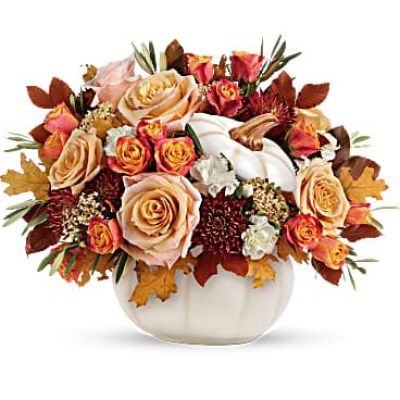 <div class="m-pdp-tabs-description">
<div id="mark-3" class="m-pdp-tabs-marketing-description">Elegant crème roses blend with the heartwarming hues of autumn in this charming bouquet, artfully arranged in a white lidded pumpkin bowl, a versatile fall decor favorite!</div>
</div>
<p id="arrngDescp">This charming arrangement features crème roses, white miniature carnations, burgundy cushion spray chrysanthemums, yellow cottage yarrow, olive, and brown copper beech.</p>