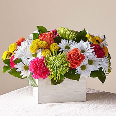 What's the scoop on this bright arrangement Well, our Sorbet Bouquet is curated with a full serving of freshness and fragrance by our local florists to make anyone's day sweeter. This design features roses, spider mums, carnations and poms in a whitewashed wooden box.