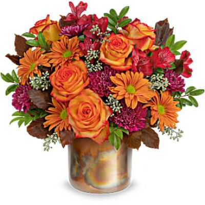 Make fall shimmer with this glorious autumnal rose bouquet, arranged in a breathtaking metal vase with unique copper patina.