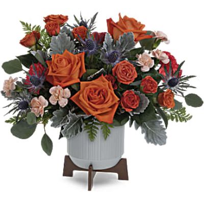 Sure to brighten Dad's day, Teleflora's Retro Brights Bouquet of radiant orange blooms looks sleek in a matte ceramic planter with retro-inspired wooden base.