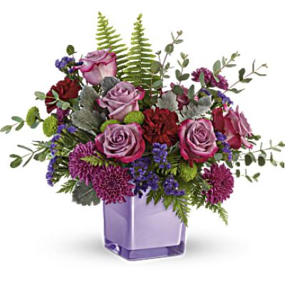 <div id="mark-3" class="m-pdp-tabs-marketing-description">A serene style statement in lush lavender roses and fresh maroon blooms, this rich bouquet in an amethyst-colored cube is a beautiful surprise for any occasion!</div>
 
<div id="desc-3">
<ul>
 	<li>
<blockquote>Lavender roses, maroon carnations, purple cushion spray chrysanthemums, green button spray chrysanthemums, and purple sinuata statice are accented with sword fern, leatherleaf fern, dusty miller, and parvifolia eucalyptus.</blockquote>
</li>
</ul>
</div>